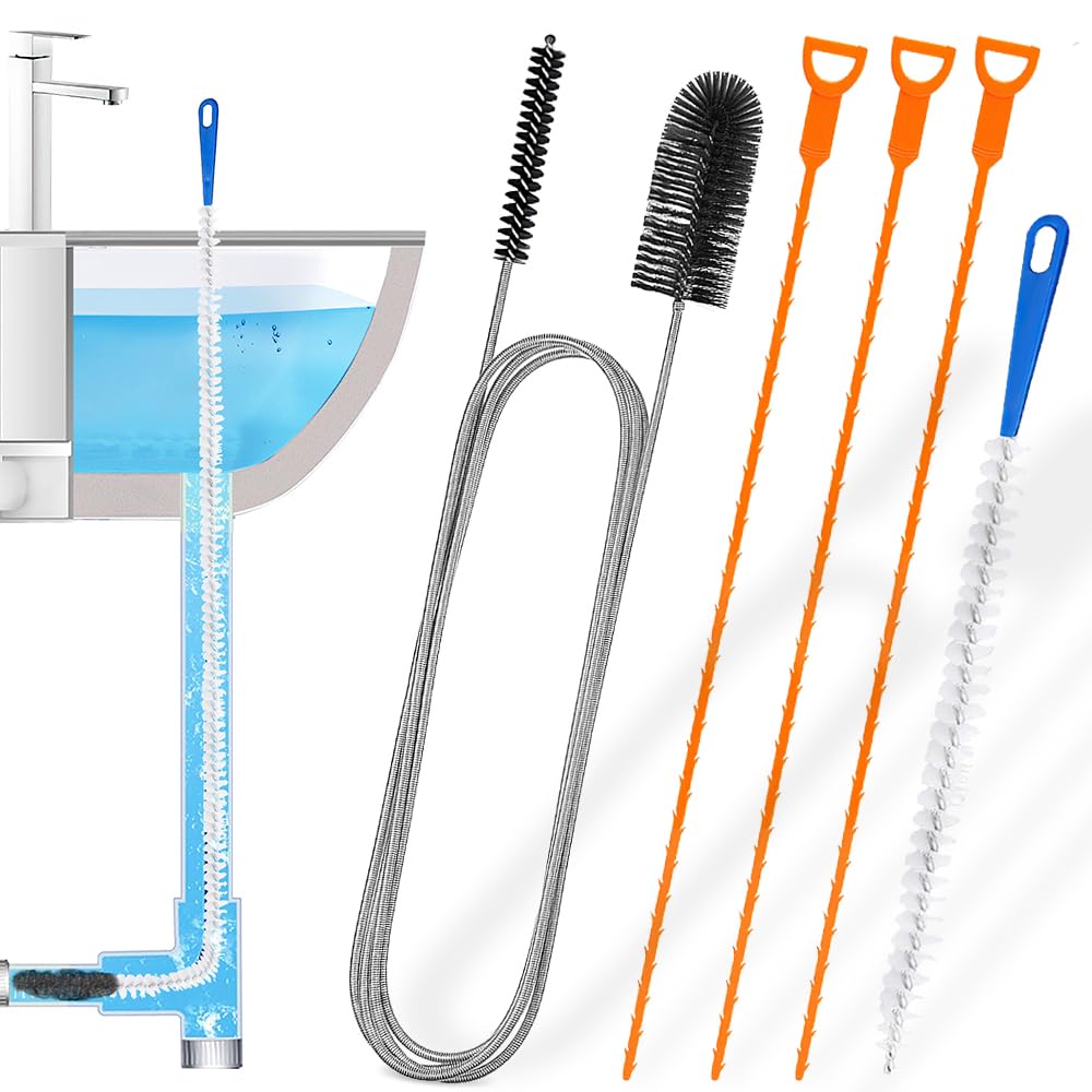 5 PCS Drain Unblocker Tools, Hair Clog Remover Sink Snake Drain 25.2 in, Double Ended Nylon Pipe Cleaner Brush 61 in