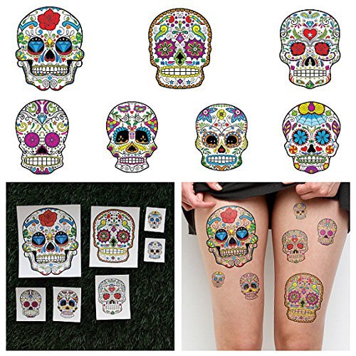 Tattify Dia De Los Muertos Temporary Tattoos - Los Muertos (Set of 14 Tattoos - 2 of each Style) - Individual Styles Available - Fashionable Temporary Tattoos