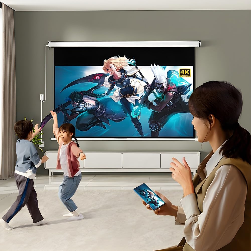Schermo per Proiettore Motorizzato con Telecomando, Schermo Cinematografico 16:9 8K 4K Ultra HD, Telo Proiettore Montato a Parete/soffitto a Scomparsa per Home Theater, Ufficio, Aula(84 inch)