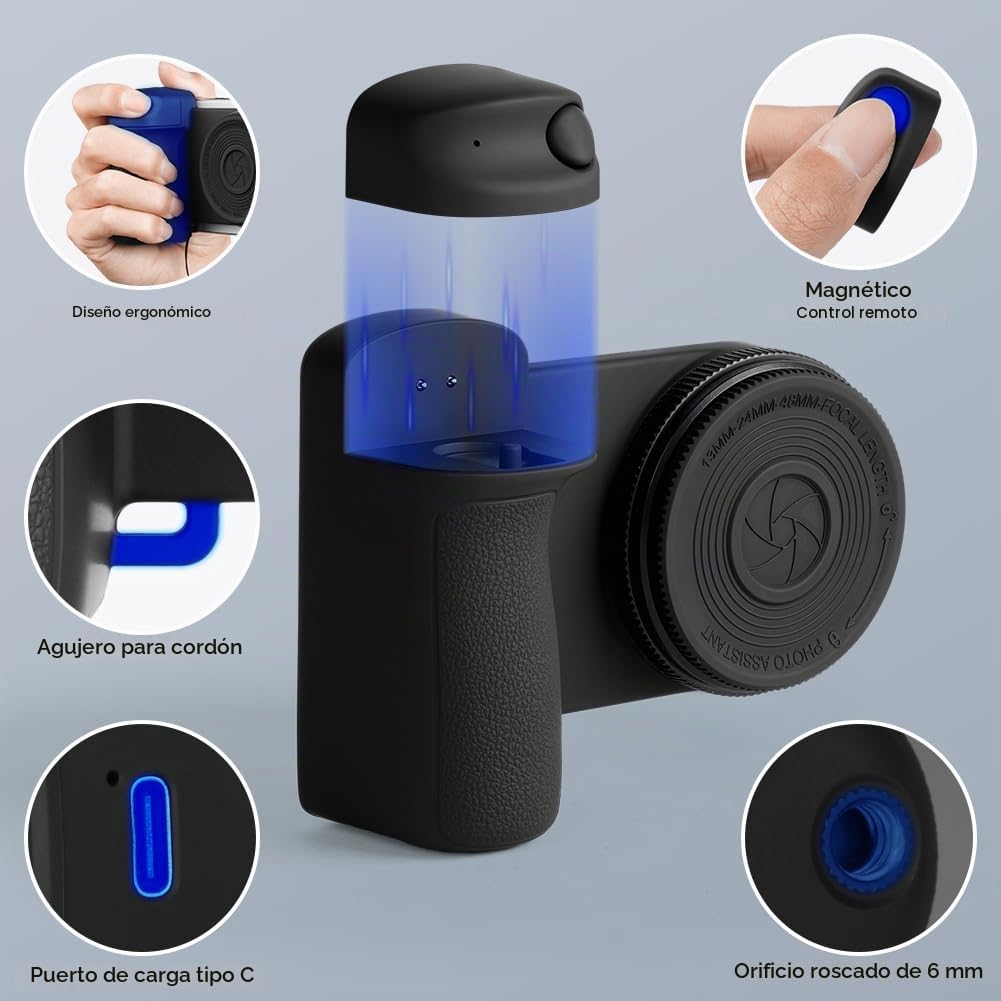 HOTUT Estabilizador de Smartphone Camera Grip, Agarre Magnético para Smartphone con Control Remoto Bluetooth Desmontable, Luz, Espejo, Dos Anillos Metálicos y Trípode para Vlog, Selfie, iPhone 16 15