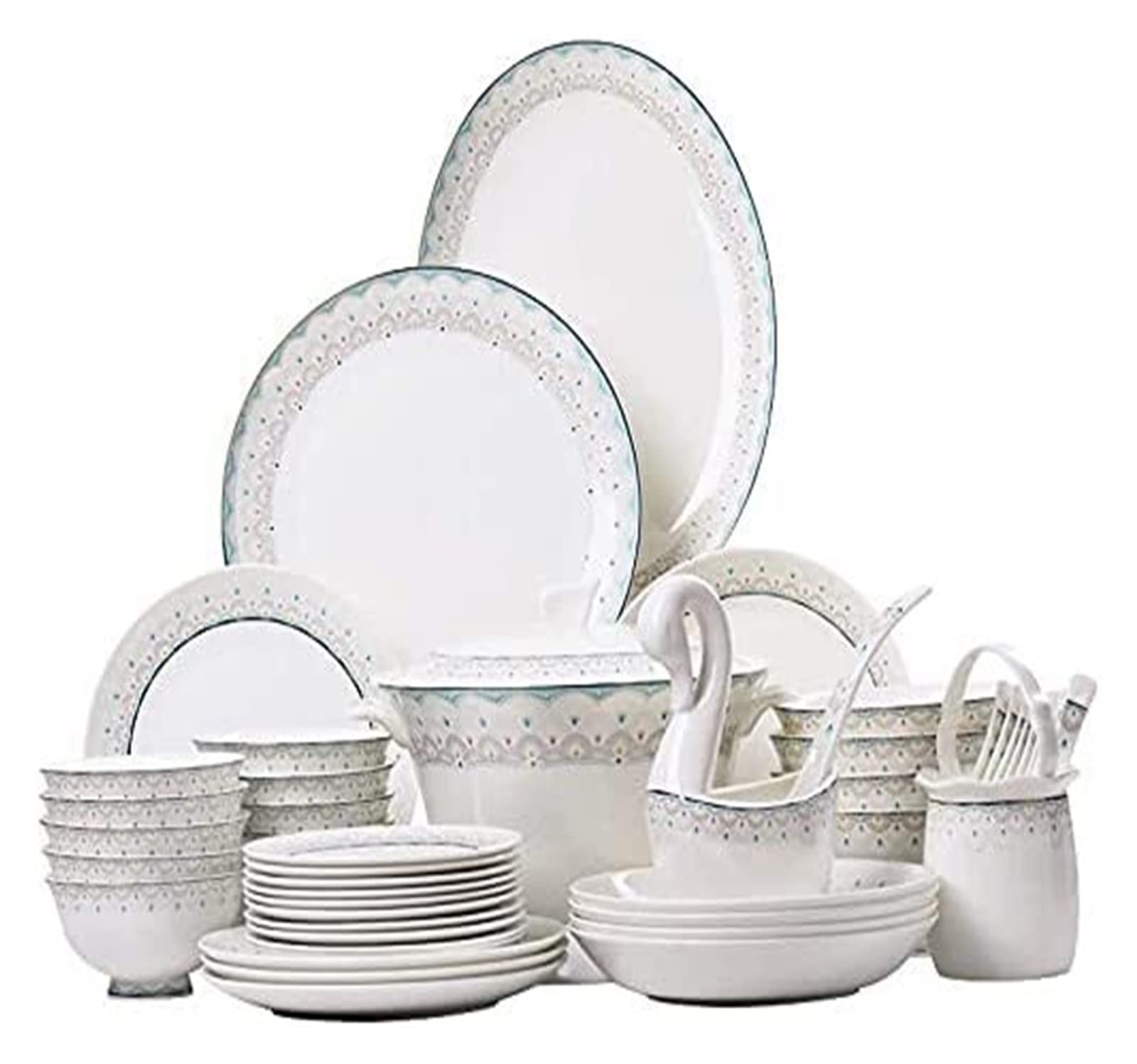 Zestaw naczyń obiadowych Zastawa stołowa na przyjęcie Zestaw serwisowy Ceramiczny zestaw obiadowy z 50 elementami, miska/naczynie/garnek/łyżka|Zestawy obiadowe z porcelany kostnej, zestaw porcelany z