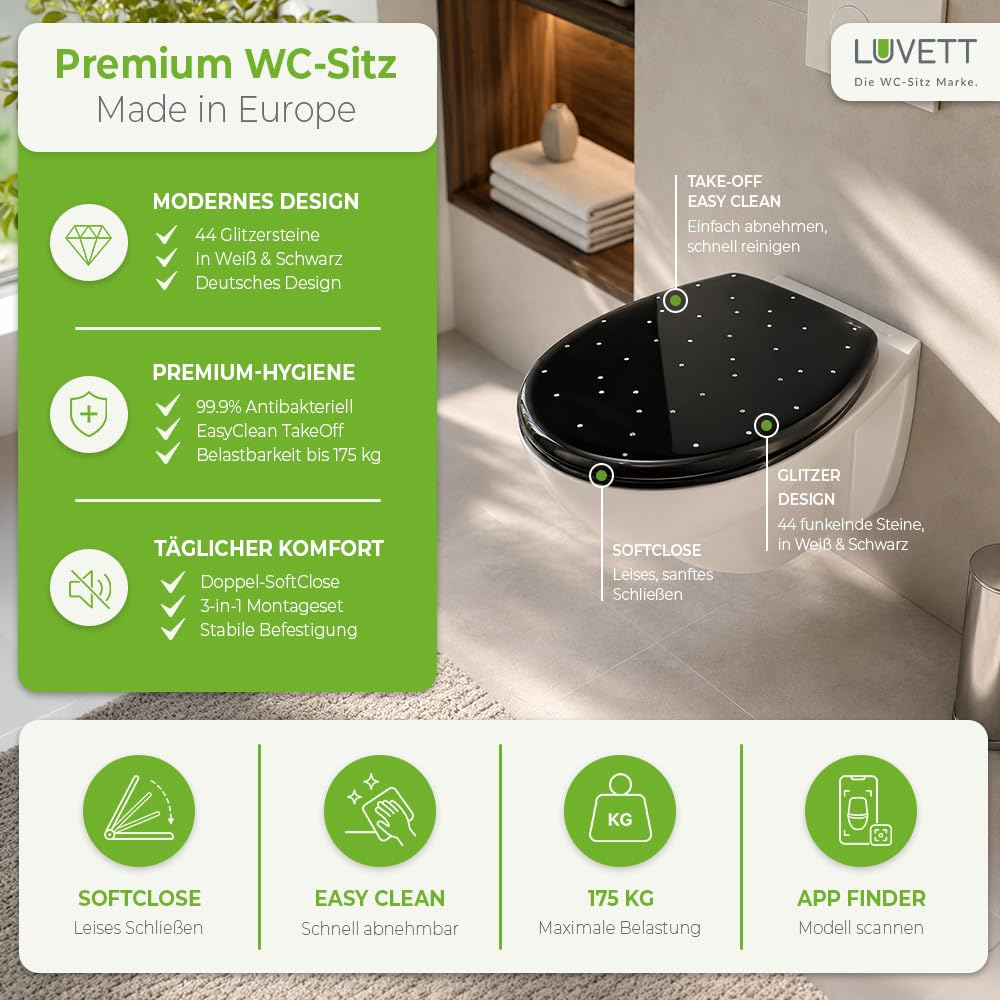 LUVETT S100 WC-Sitz Glitzersteine Oval SoftClose TakeOff EasyClean Weiß | Mit 44 Glitzersteinen in Handarbeit. Duroplast WC-Sitz mit SoftClose Absenkautomatik und 3-in-1 Edelstahl-Befestigungsset.