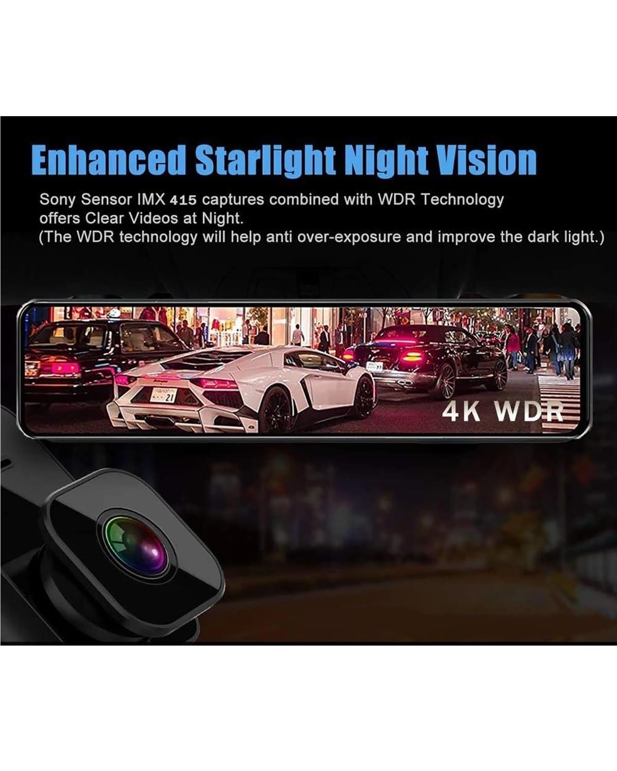 Dashcam Cámara De Salpicadero para Coche 11,26" 4K 2160P GPS WiFi DVR Espejo Retrovisor Doble Lente Pantalla IPS Grabadora Conducción En Directo Cámara Coche(4K-1080P-6M-BL 32G)