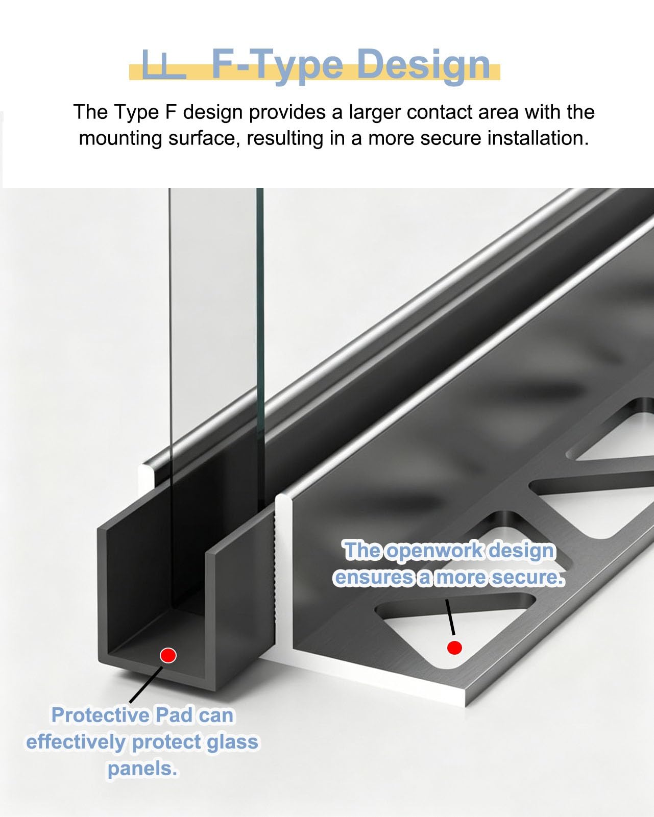 Profil Typu U do Szkła Aluminiowy Profil Typu F do Ścianek Szklanych | Dolny Profil Montażowy do Bezramowych Drzwi Prysznicowych Wpuszczany(Gray,L1.5m(4.9ft))
