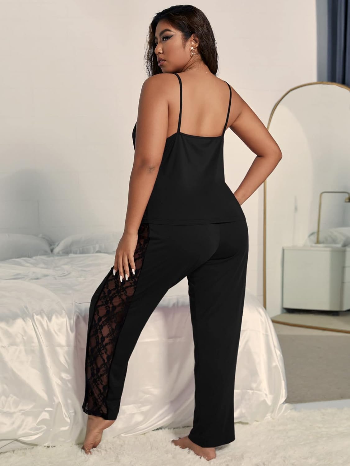 OYOANGLE Women's 2 Piece Plus Size Lace Pajama Set Pjs Sleepwear Set Lounge Sets V Neck Cami Top and Pants - Image 2