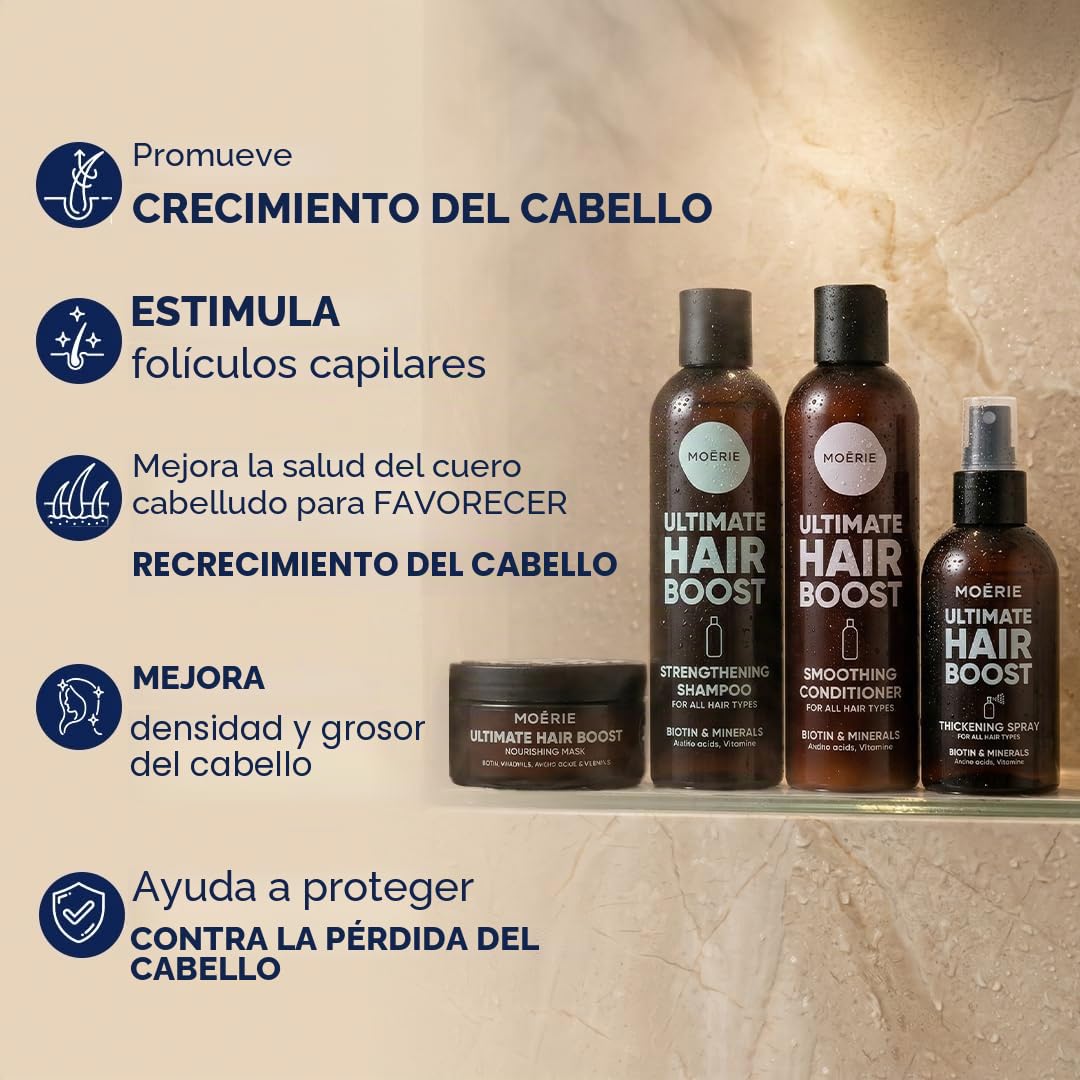 Moerie Set champu de cabello crecimiento y acondicionador pelo Plus mascarilla pelo y Spray – Cabello Más Largo, Más Fuerte –Voluminizadores para el Cabello – Sin Parabenos ni Silicona – 8 productos