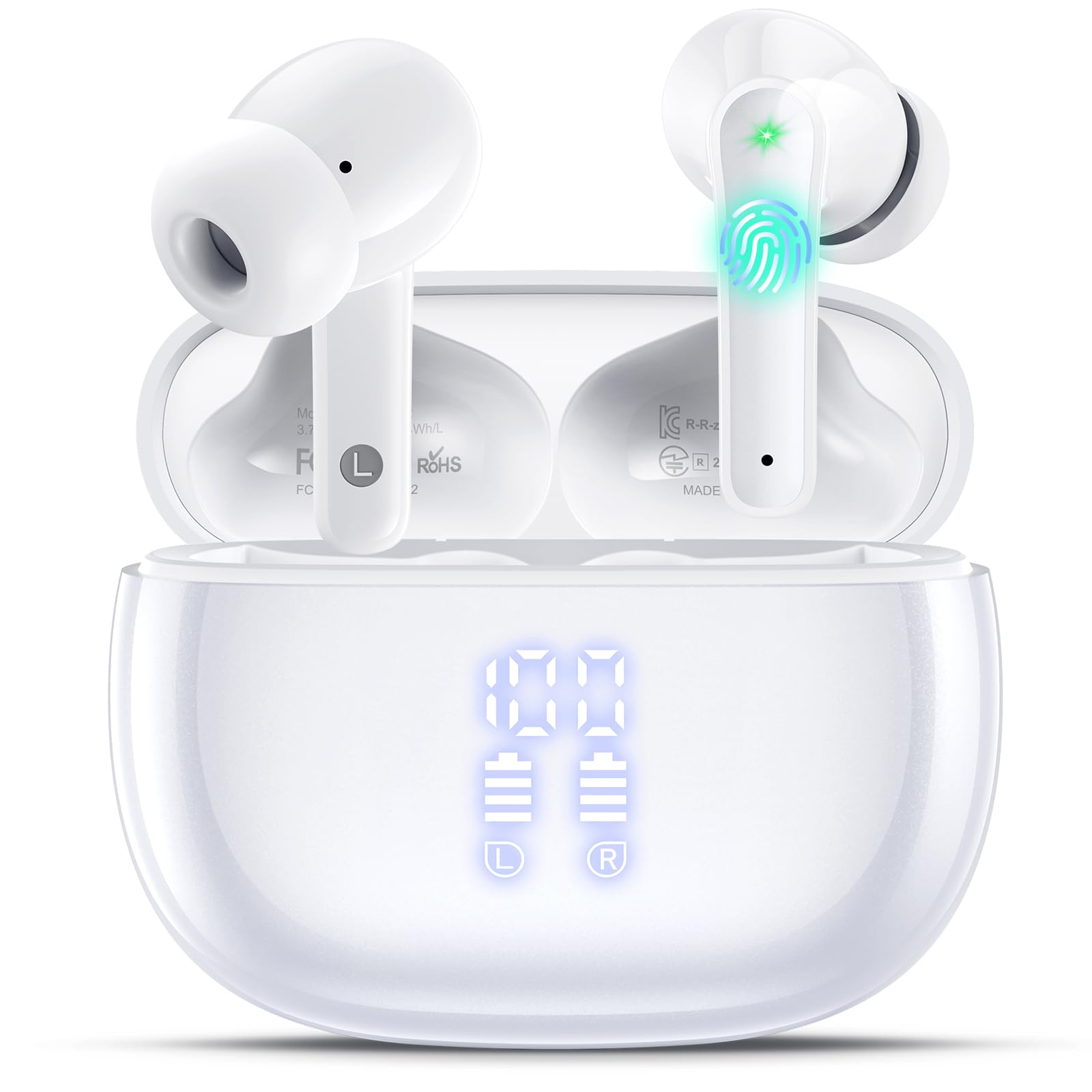 Wireless Earbuds, Bluetooth 5.4 Ear Buds with HiFi Stereo Deep Bass | Bluetooth Headphones, 4 ENC Noise Cancelling Mic, 48H Playtime LED Display, IPX7 Waterproof for Running, Gym & Gaming, White