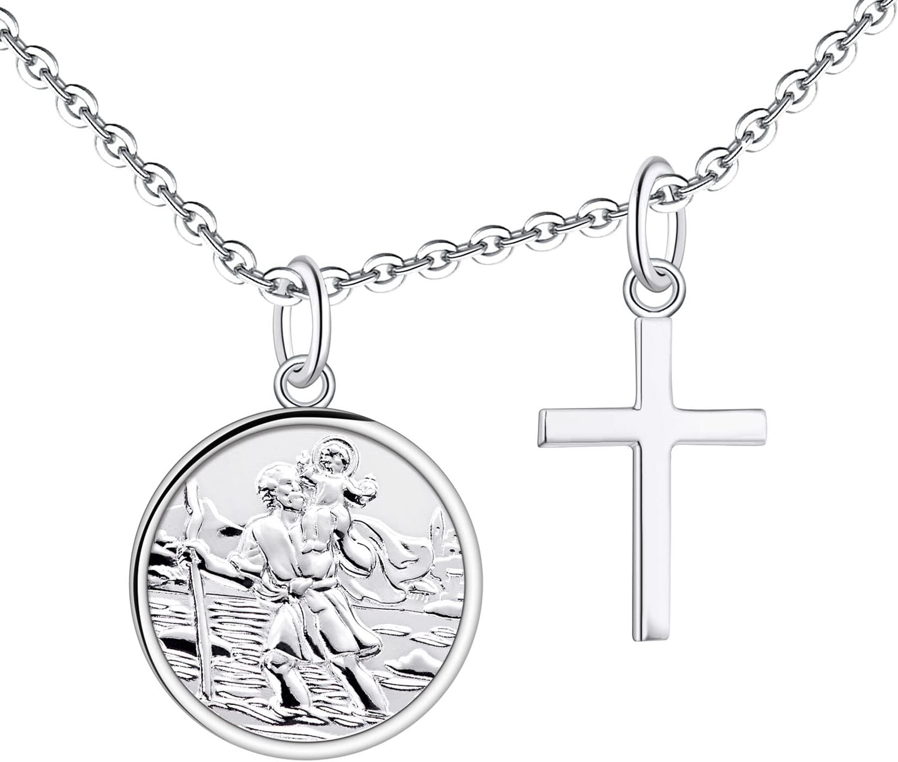FJSt. Christopher Necklace 925 Sterling Silver, Round Coin Antiqued Religious Protector Talisman Pendant, for Men Women