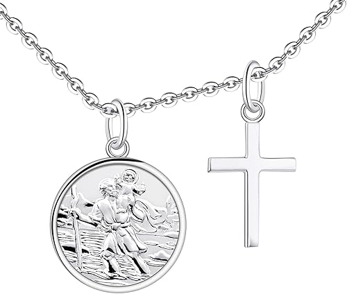 FJ St Christopher Necklace 925 Sterling Silver Religious Protection Pendant for Men Women
