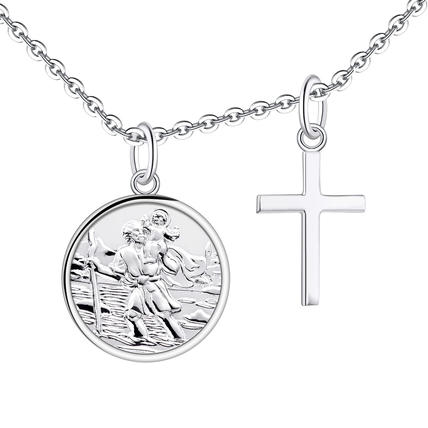 FJSt. Christopher Necklace 925 Sterling Silver, Round Coin Antiqued Religious Protector Talisman Pendant, for Men Women