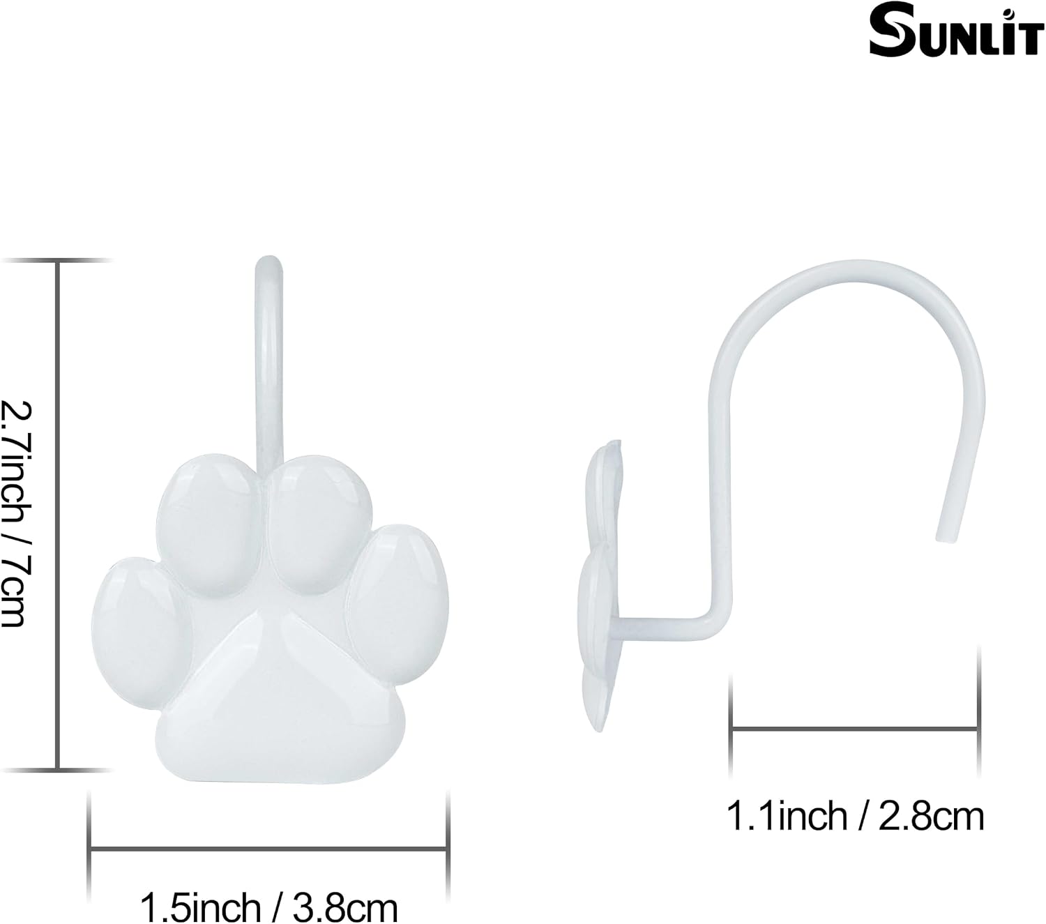 Sunlit Fashion Design Cute Paw Print Polished Shower Curtain Hooks for Dog Cat and Bear, Rust Proof Oil Rubbed Metal Shower Curtain Rings, White, 12 Pack image 3