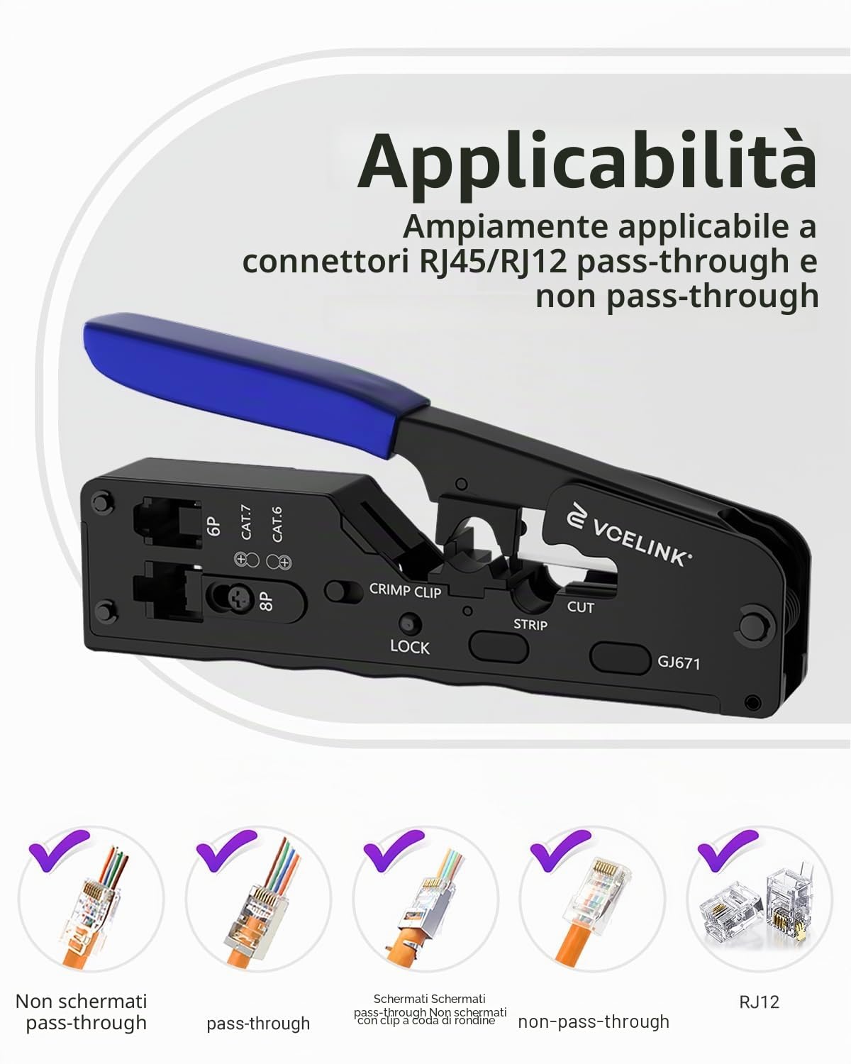 VCELINK GJ671BL Pinza Crimpatrice Professionale per Connettori RJ45, RJ12 e RJ11 con Connettori RJ45 Passante Cat7,Cat6A