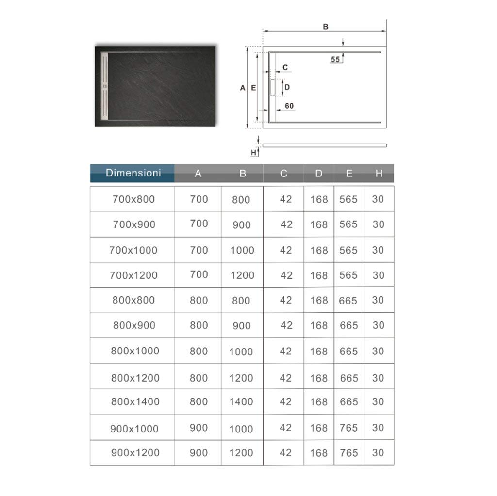 Piatto Doccia Rettangolare 70x80x3cm in Ultraslim Antiscivolo Antibatterico | Pietra Vulcanica e Resina Mista finitura Pietra Nera Ruvida