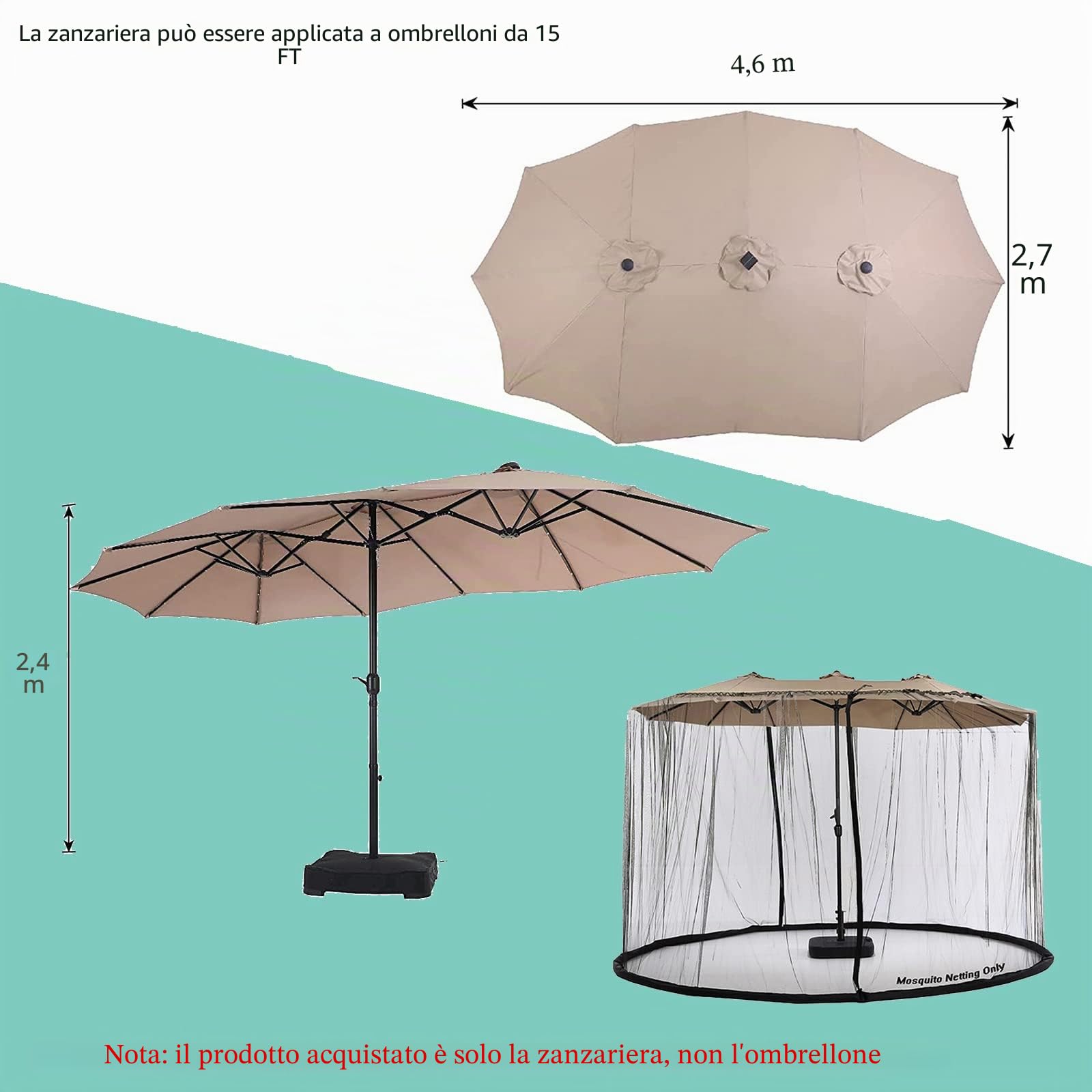 Zanzariera per ombrellone da patio double-face da 15 m, rete Sunbrella con doppia cerniera, fondo per tubo dell'acqua utilizzato e per gazebo da patio, tettoia pop-up 11 x 11 intercambiabile
