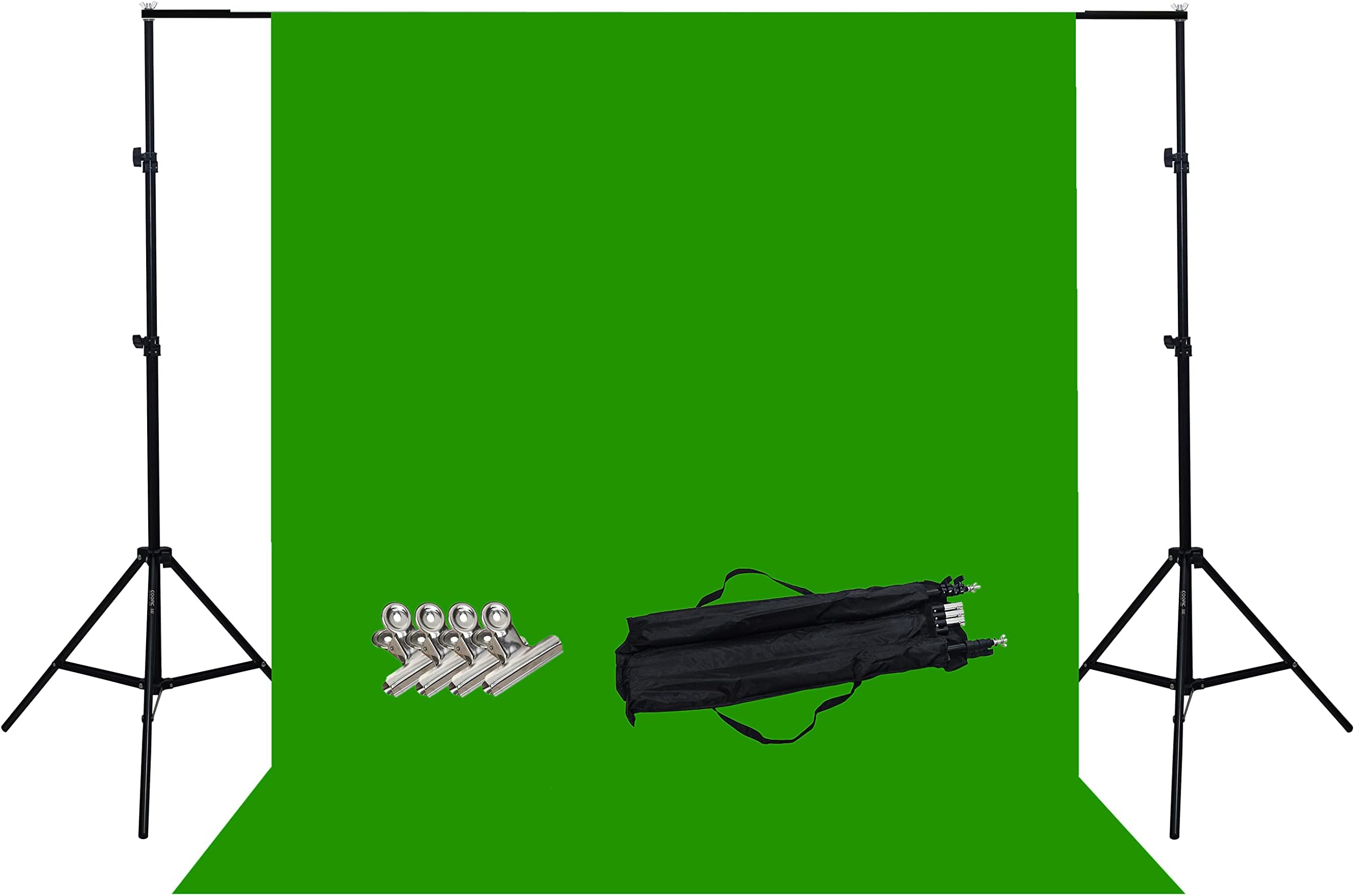 COOPIC S03 2m x 3m Photography Video Studio Background Stand Kit with 1.5x3m Green Background Backdrop 4 Clamps Set and Carrying bag