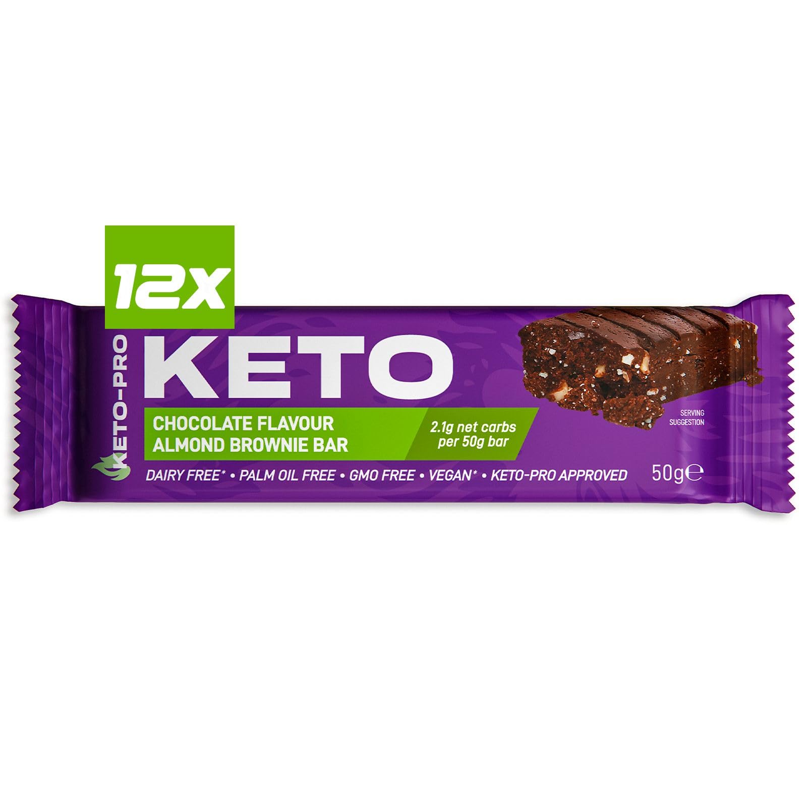 Keto-Pro Keto Bars (12 x 50g) | Low Carb Bars - 2g Net Carbs | A Big Bar with an Even Bigger Boost | Chocolate Almond Brownie Flavoured Keto Food Bar | Low Carb Protein Snacks