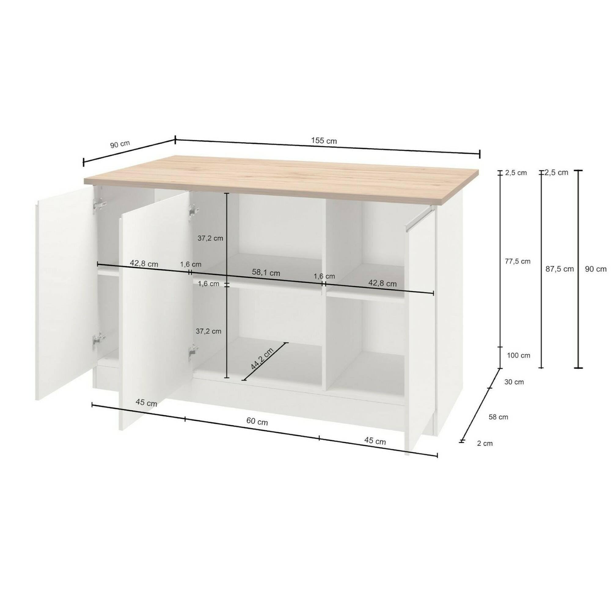 Dmora - Kücheninsel Patrizio, Mehrzweckschrank, Küchenzeile Schrank, Zusätzlicher Tisch, 100% Made in Italy, 155 x 90 x 90 cm, glänzendes Weiß und Schiefer