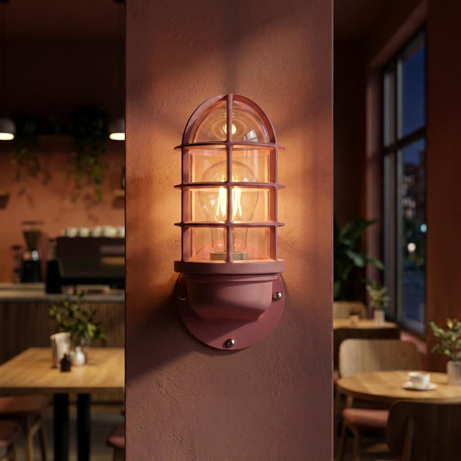 LEDSone Industrial Cage Wall Light Bulkhead Metal Indoor Nautical Wall Sconce E27 60W Vintage Wire Guard Lamp (No Bulb) (Pink)