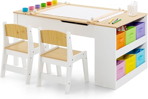 INFANS Juego de mesa y silla de arte 2 en 1 para niños, escritorio de actividades de madera con 2 sillas de almacenamiento, contenedores de lona,
