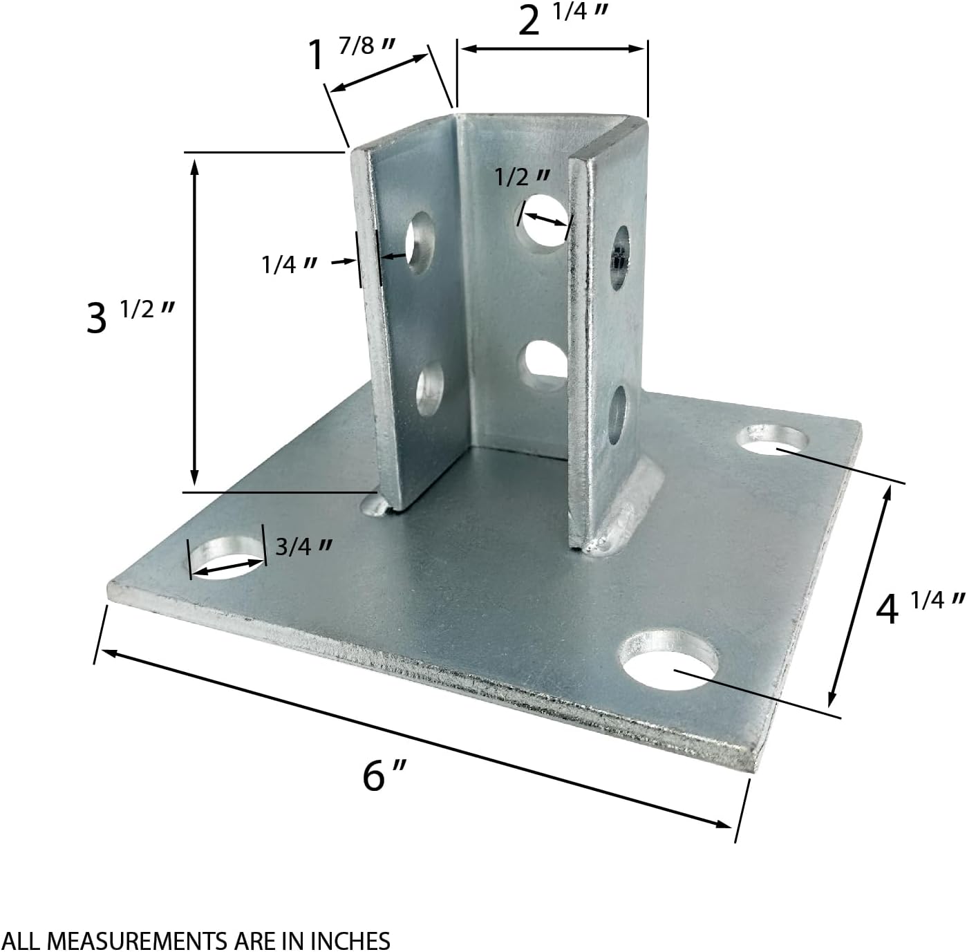 8 Pack - 4 Hole Post Base Channel, 6" Square for All 1-5/8" Strut Channel, Side Orientation - Heavy Duty, Electro-Galvanized (8)