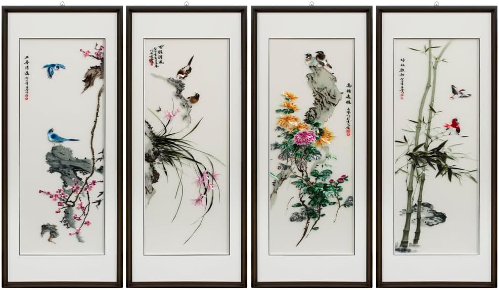 ChinaFurnitureOnline Silk Embroidery chinese Wall Art of Four Season Flowers, Set of 4