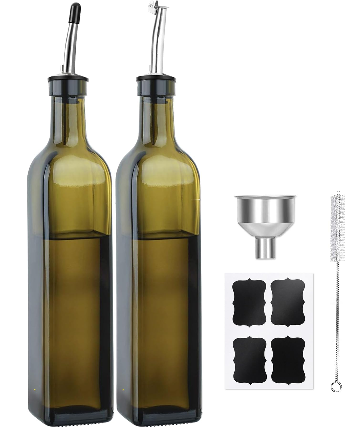 Botella dispensadora de aceite de oliva, 2 botellas de aceite de vidrio verde para cocina, juego dispensador de aceite y vinagre con vertedores y embudo, dispensador de aceite de oliva de 17