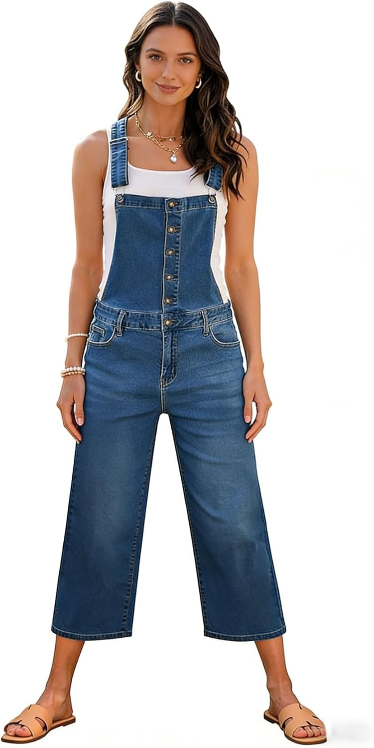 loveimgs Women Loose Straps Denim Overalls Sleeveless Jean Jumpsuit Button Up Wide Leg Cropped Capris Jeans Bib Overalls
