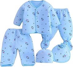 Presents New Born Baby Winter Wear Keep Warm Baby Clothes 5Pcs Sets Cotton Printed Baby Boys Girls Unisex Baby Fleece Falalen Or Flannel Suit Infant Clothes First Gift (0-6 Months, Blue)