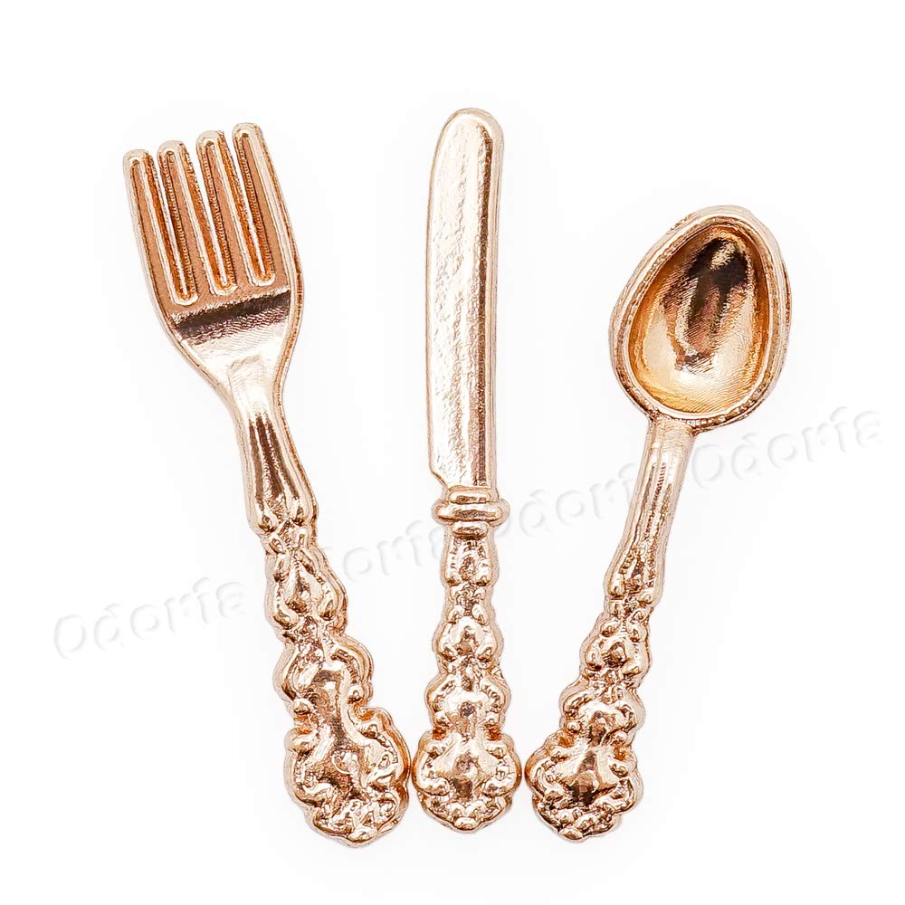 Odoria 1/12 Scale Miniature Plates & Silverware Set - 4 Plates, 12 Utensils, Copper Color Dollhouse Kitchen Accessories