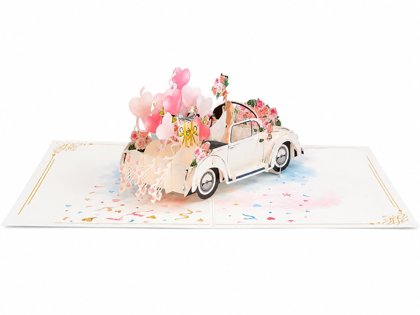 Biglietto di auguri pop-up 3D per matrimonio – Auto con sposi e palloncini – 13 x 18 cm con busta