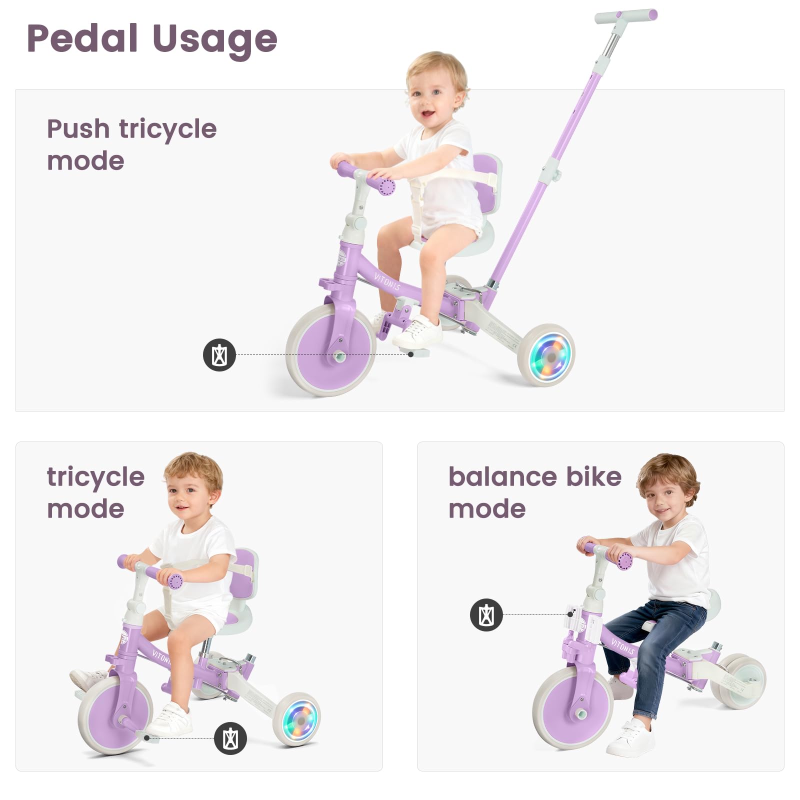 VITONIS Triciclo Infantil 5 en 1 para niños de 18 Meses a 5 años, con Ruedas Luminosas, Barra de Empuje, Respaldo y cinturón de Seguridad, Regalo para niños y niñas, Bicicleta sin Pedales, Morado