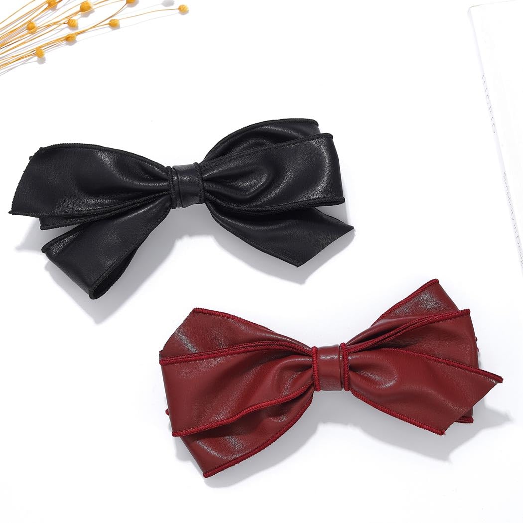 JONKY Bow Hair Clip Leather Hair Barrette Costume Party Hair Accessories for Women (Black+Red)