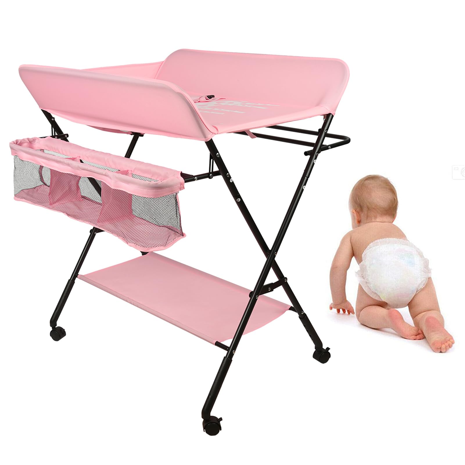 Homewell Cambiador de bebé plegable, con cambiador, cinturón de seguridad, compartimentos, bonito patrón e indicación de altura, estable y cómodo (rosa profundo)