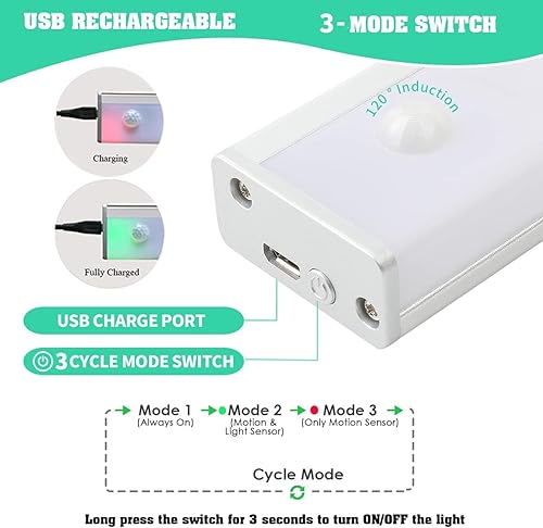 Miniatura 6 de Luces de armario que funcionan con pilas, con sensor de movimiento, activadas, recargables, para debajo del mostrador, luces magnéticas inalámbricas