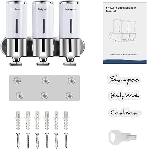 Vista 6 de Dispensador de champú y acondicionador, dispensador de jabón de ducha de 3 cámaras, sin taladro, dispensador de champú para ducha, dispensador