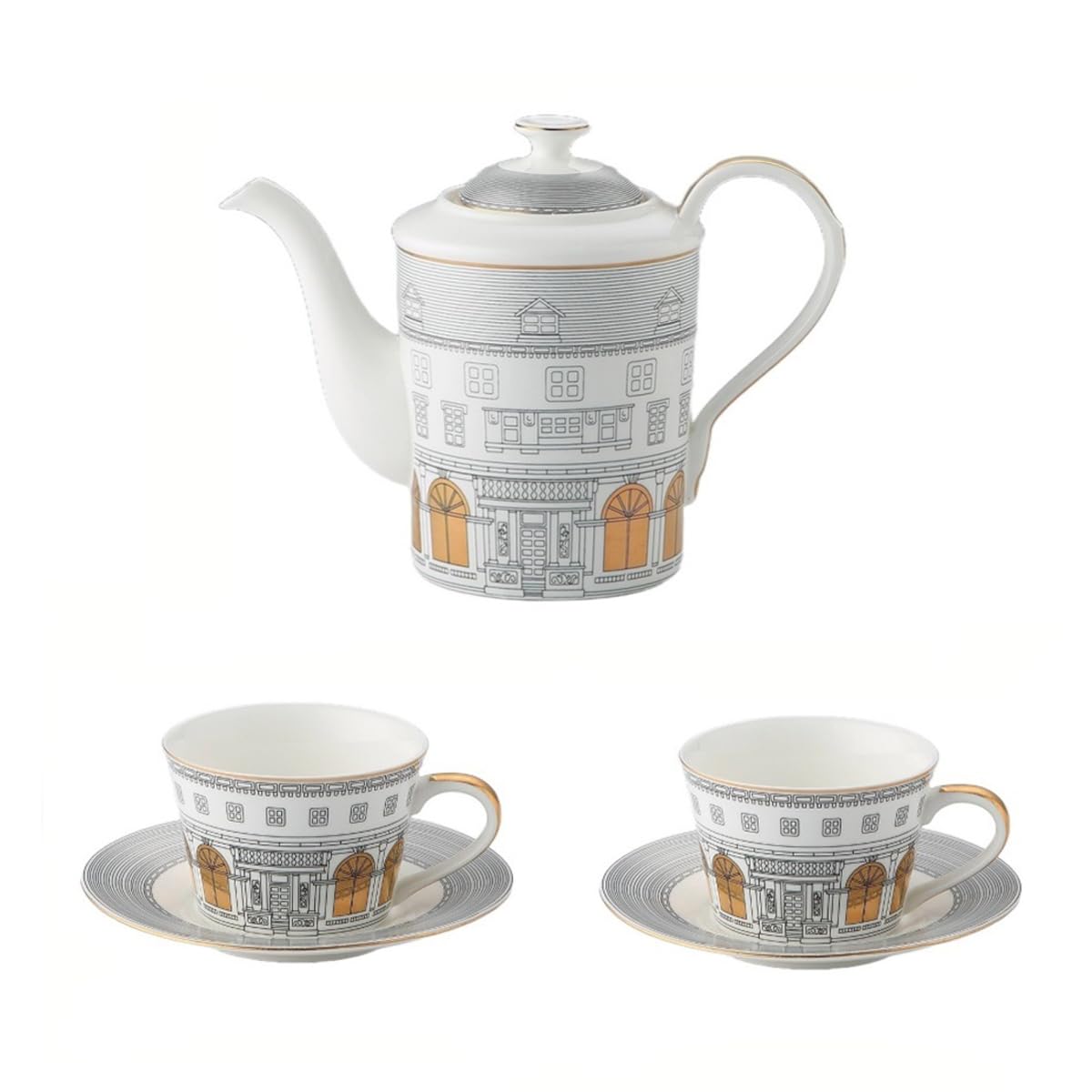 Domini Personalized Architectural Ceramic Tea Cup and Saucer Set,5-piece gift box set with 1 pot, 2 cups and 2 plates