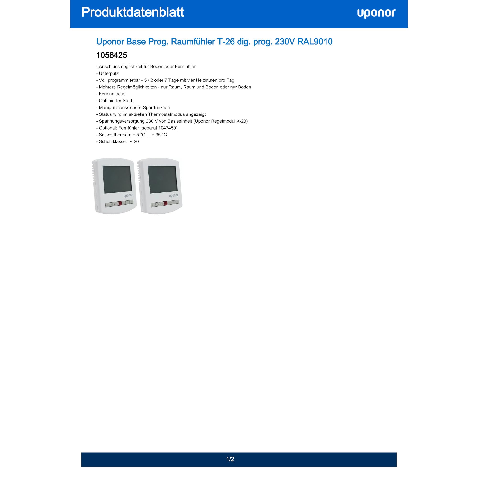 Uponor 230 V Digital programmierbar Thermostat by Uponor | Raumregler, Raumtemperaturregler für Fußbodenheizung