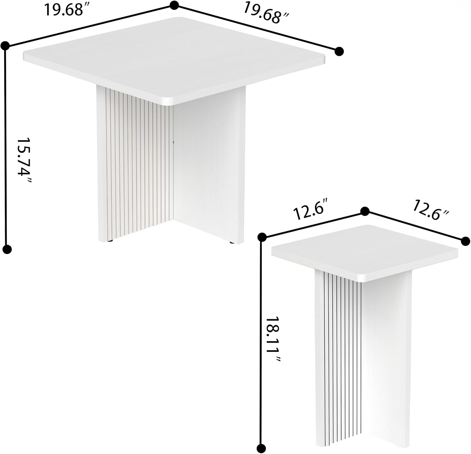 Wood White Color Coffee Tables for Living Room: End Tables Living Room Set of 2 for Modern Spaces, Small Nesting Side Pieces, Fluted Design, Square Matching Tea Stand