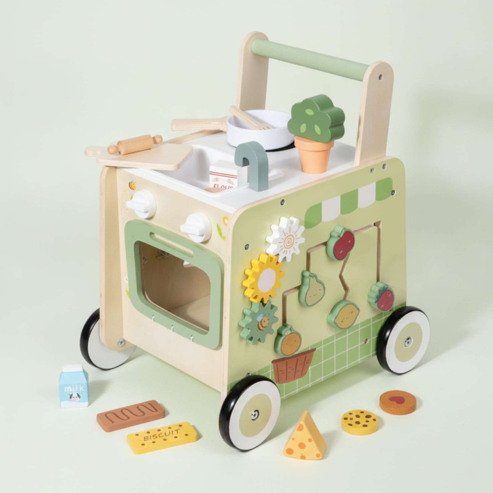 harayaa Kinder Lauflernwagen Holz Lernwagen Gehhilfe Spielwagen Küchen Spielaktivität Schiebewagen Rollbasis für Kleinkinder Zuhause Krabbelalter Vorschule