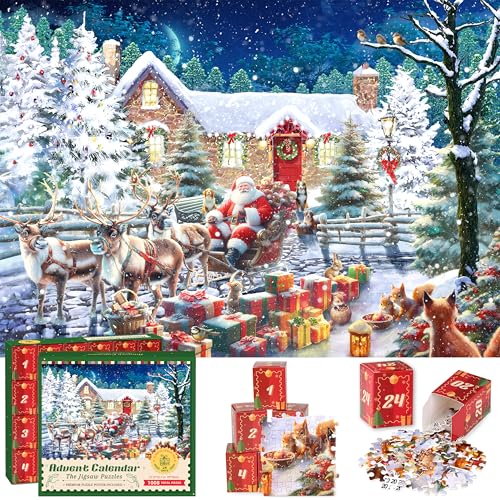 Image of Advent Calendar 2025 Christmas Jigsaw Puzzles for Adults and Kids, 1008 Pieces Advent Puzzle - Santa's Gifts, 24 Days Christmas Countdown Calendars for Boys Girls, Christmas Decorations