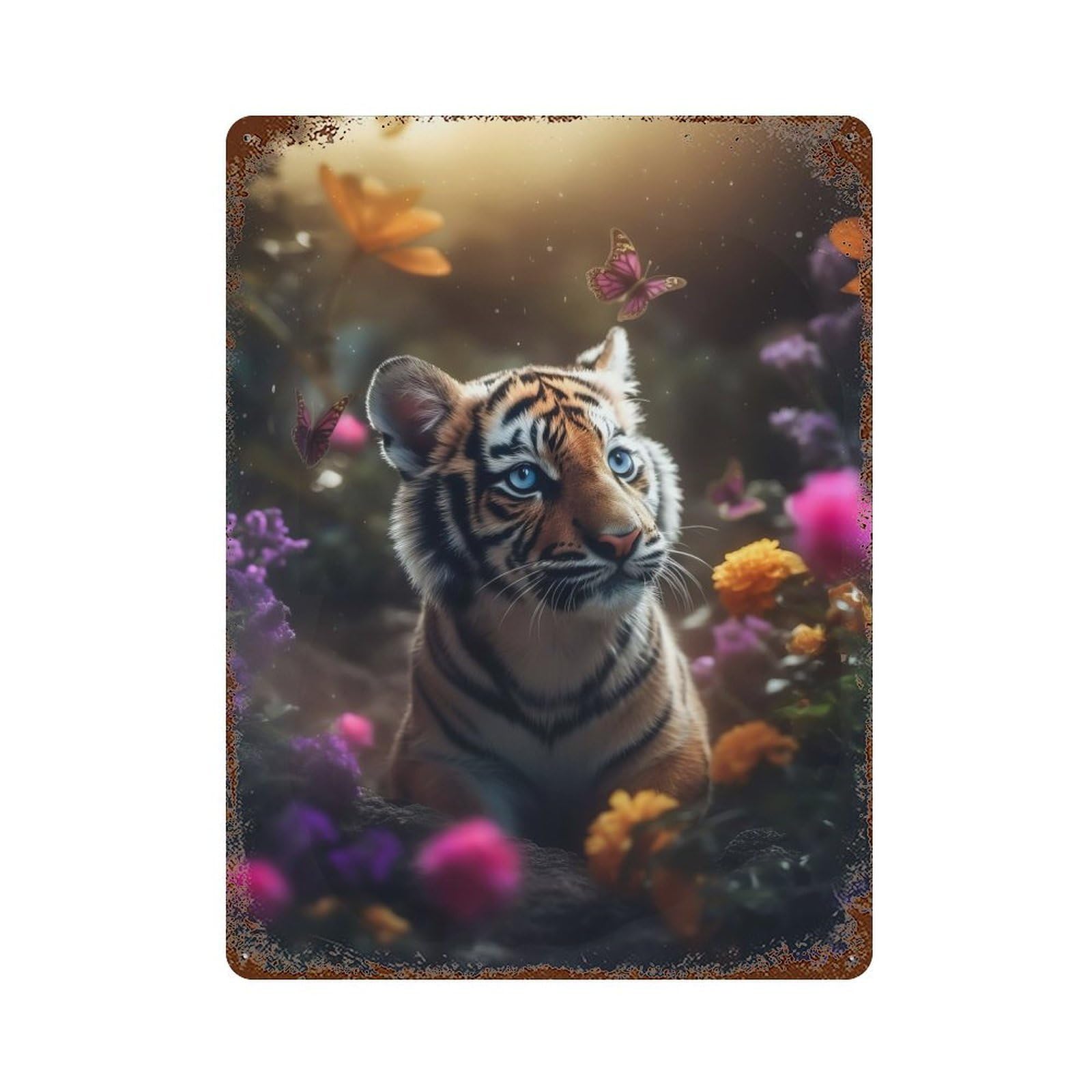 Rust Effect Cute Tiger Cub Butterflies Vintage Rust Metal Sign 15.7"x11.8", Farmhouse Wall Decor for Farmhouse, Kitchen And Entryway Decor