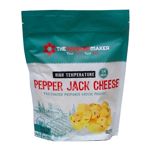 The Sausage Maker® High Temp Pepper Jack Cheese 1 Lb Hi-Temp Cheese For Sausage Making, 1/4" Diced Cube, 400° Temperature High Heat Cheese For Grilling, Salami, Snack Sticks, Summer Sausage