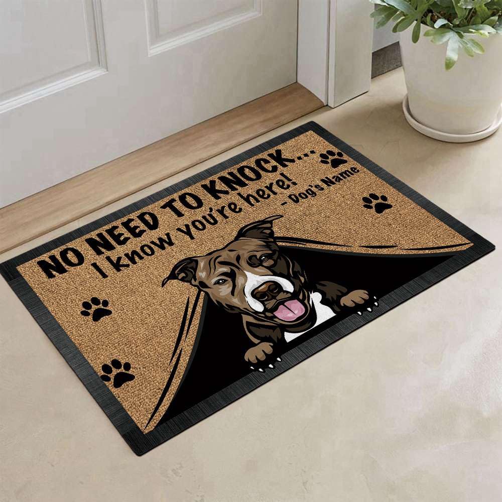 MALIHONG Personalized Doormat Lovely Peeking Dog Pit Bull No Need to Knock I Konw You're Here 27.5 x 17.7 Inch