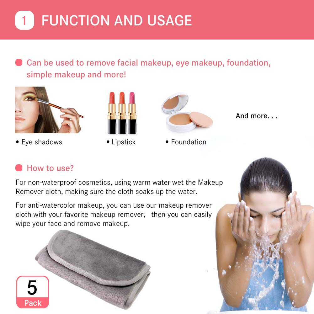 Nugilla Makeup Remover Cloth 5 Pack - Reusable Microfiber Cleansing Towel,Suitable for All Skin Types,Move Makeup Instantly Pure Colors