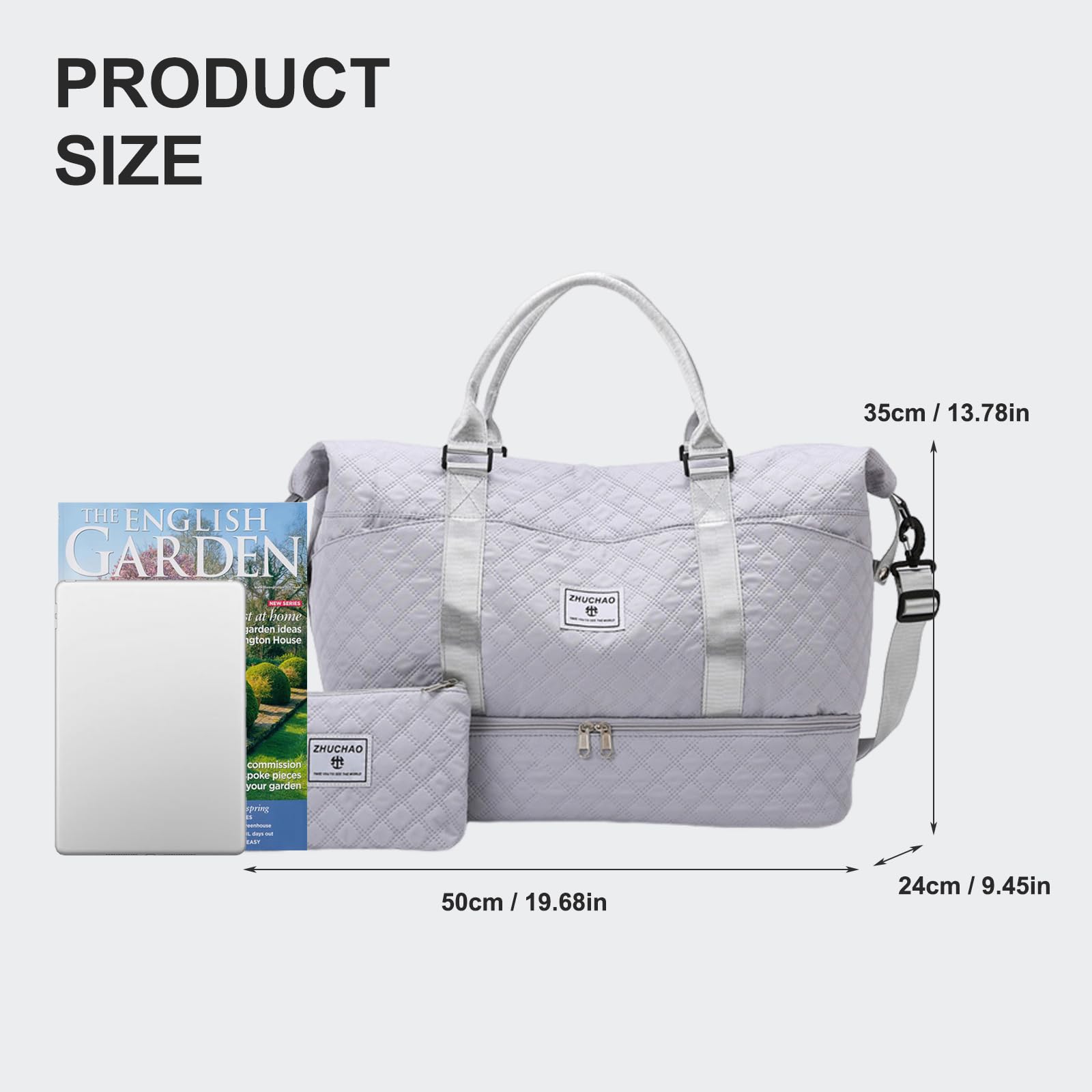 Balakaka Sac de Voyage Femme 42 L avec Trousse de Toilette 1.3L, Sac de Sport Gym avec Compartiment de Chaussures et Poche Humide, Grand Imperméable Weekend Travel Duffel Bag pour Voyages, Gris Clair