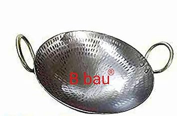 B bau Iron Kadai Lokhand Loha Hand Hammered Kadhai Large Heavy Cooking Pan, 15 inches/38 cm, Black