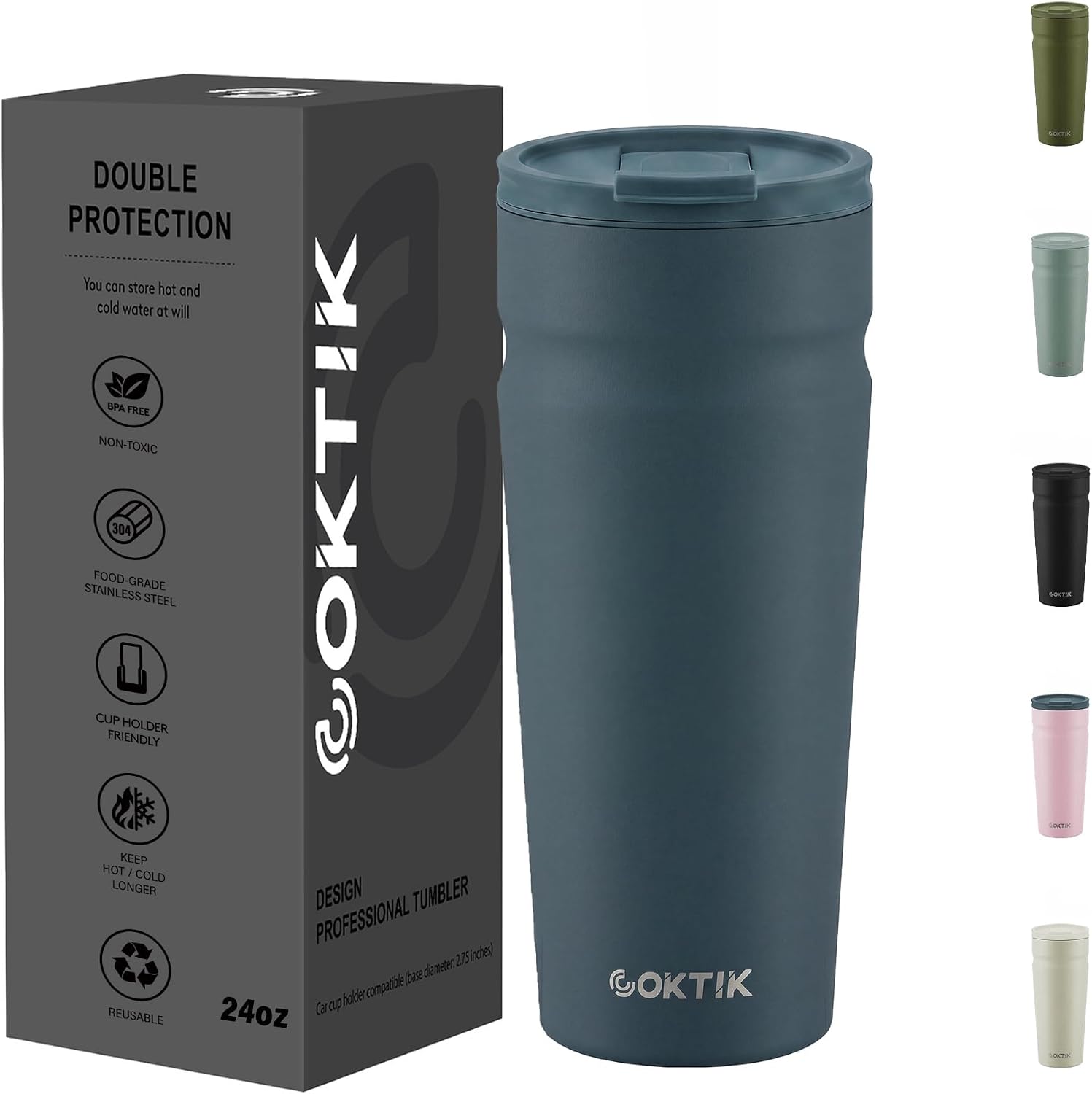 COKTIK 24oz Insulated Coffee Tumbler with Lid, Reusable Stainless Steel Iced Coffee Cup, Hot Travel Coffee Mug Cupholder Friendly, Twilight Fog