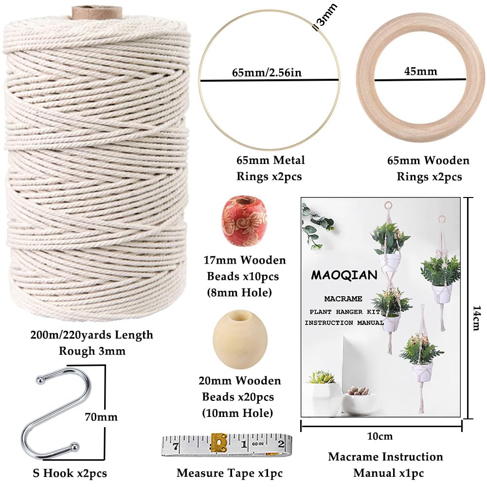 MAOQIAN Kit de macramé 3 en 1 para principiantes, cordón de macramé de algodón de 3 mm x 220 yardas, 3 kits de colgador de plantas de macramé para adultos con instrucciones (idioma español no
