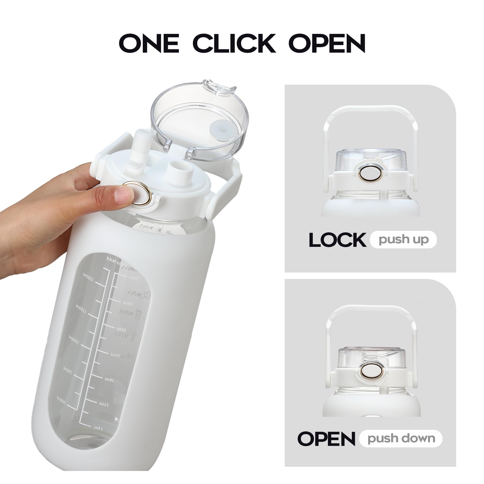 chunmo Grande bouteille d'eau de motivation en verre avec marqueur de temps avec manchon en silicone et couvercle à poignée - 2,2 l - Pour le sport