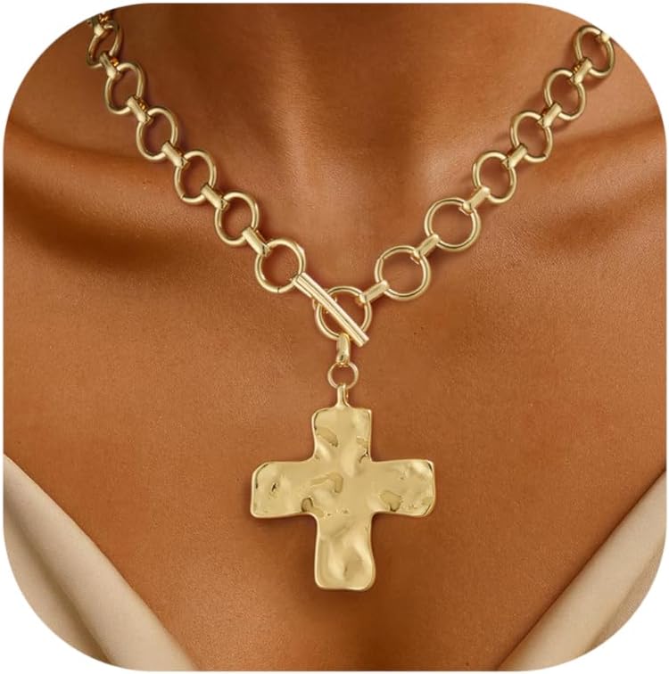 Chunky Gold Necklace for Women Trendy Non Tarnish 14K Gold Plated Statement Paperclip Chain Charm Necklaces Cross Pearl Heart Evil Eye Clover Spiral Pendant Necklace Birthday Gifts for Women Jewelry